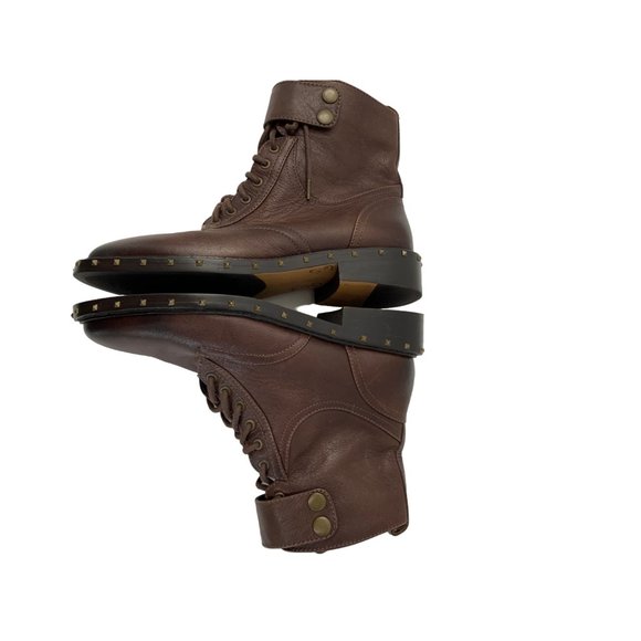 Womens Vince Camuto 6.5 Zip Leather Lace Up Booties Combat Brown Stud 6571 EUC - Picture 10 of 13